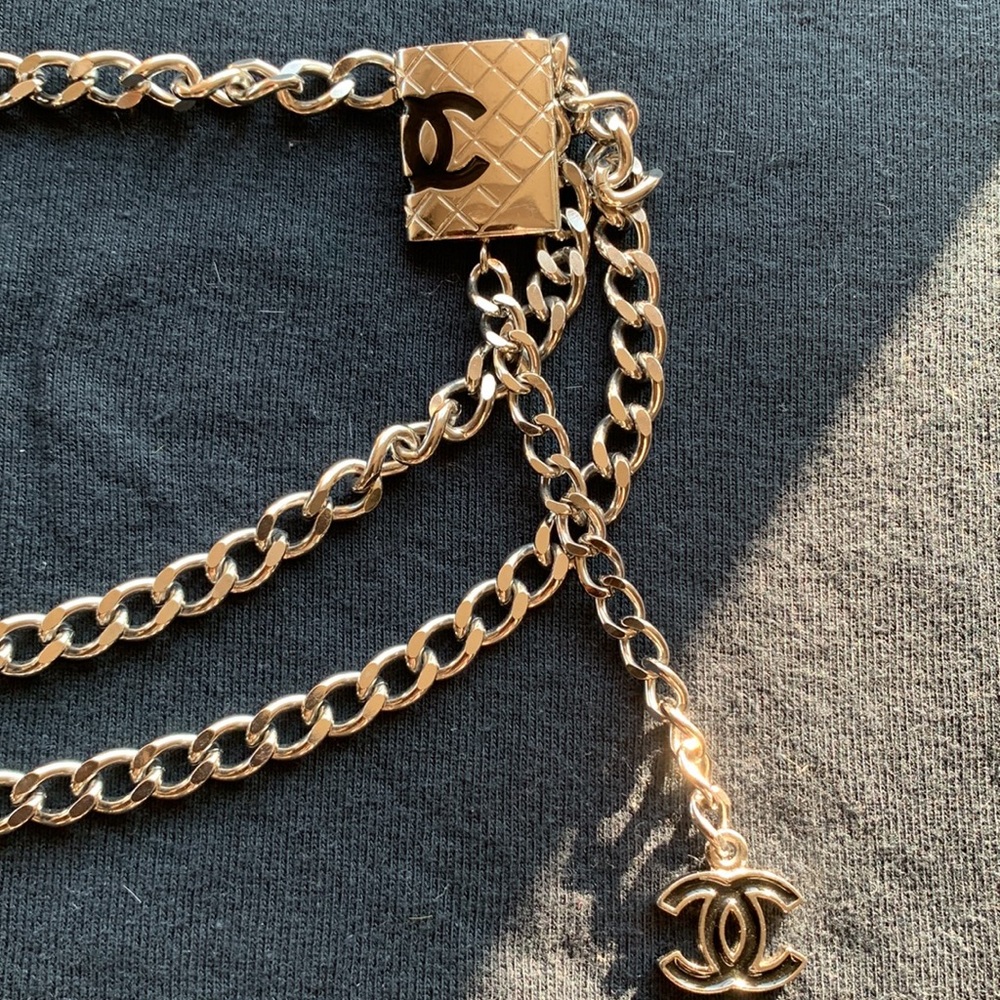 CHANEL 🖤 Belt or Necklace Black Silver Quilted Rectangle Purse Chain Charm CC🖤